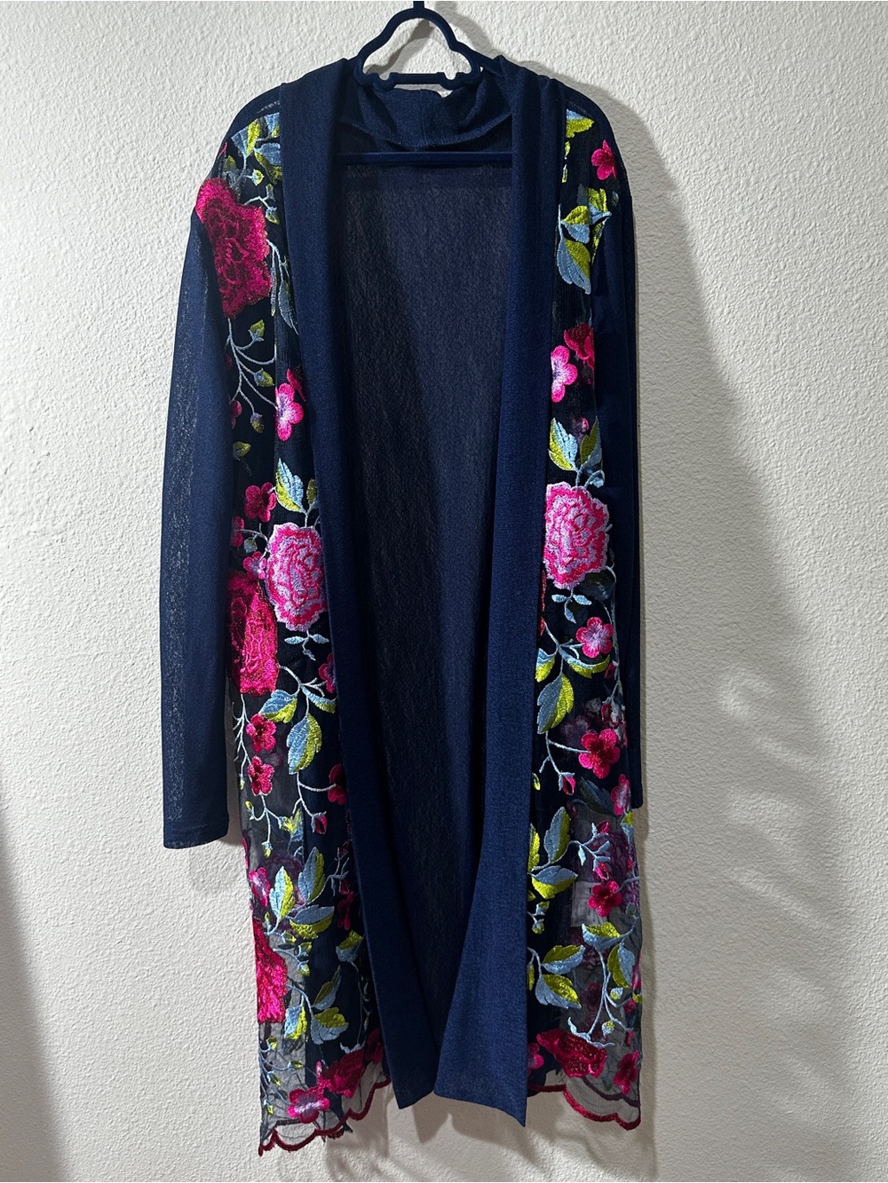 Navy Floral-Embroidered Open Cardigan